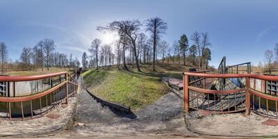 hdri 360 panorama near gateway lock construction on river, canal for passing vessels at different water levels. Full spherical 360 degrees seamless panorama in equirectangular projection photo