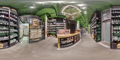 full hdri 360 panoramain in interior of wine shop with shelves of alcoholic drinks in equirectangular projection, VR content photo