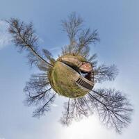 tiny planet transformation of spherical panorama 360 degrees. Spherical abstract aerial view with trees in forest with clumsy branches in blue sky. Curvature of space. photo