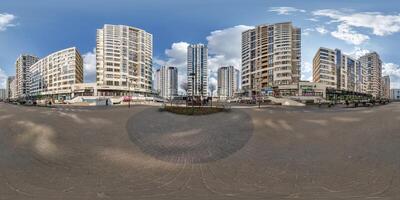 hdri panorama 360 near skyscraper multistory buildings of residential quarter complex in full equirectangular seamless spherical projection photo