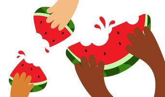 Hands hold a piece of summer watermelon with a bite. vector