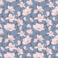 A pattern of magnolia branches in a retro style on a blue background vector