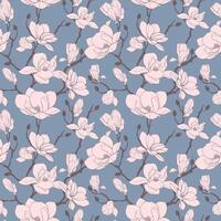 A pattern of magnolia branches in a retro style on a blue background vector