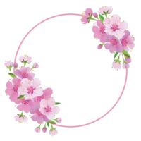 Vector wreath of sakura. Round frame with branches of cherry blossoms. Pink Edo-Higan flowers on a white background. Composition for a wedding invitation, congratulations on Mother's Day.