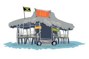 Wooden bar under a roof made of palm branches. Cafe in the Caribbean Sea near the island of Jamaica. Tropical style beach bar for relaxation and relaxation. Vector in flat style.