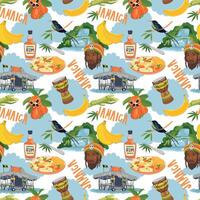 Seamless pattern in Rasta colors. Jamaican vector pattern. Rum, ackee fruit, hummingbird, waterfall, beach bar, rastafarian, giant drum in flat style on white background.