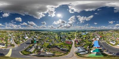 aerial hdri 360 panorama view from great height on buildings, churches and center market square of provincial city in equirectangular seamless spherical  projection. use as sky replacement for drone photo