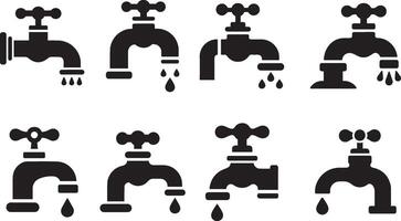 Faucet with pouring water vector icon set. Bathroom faucet symbol flat and line style. Water tap collection.