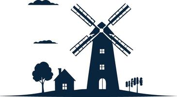 windmill on the hill, village barn, crop farm, village life, field crop silhouette vector