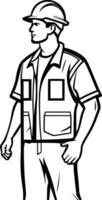 worker in uniform, man working, construction manager, man wearing protective jacket, helmet and gear vector