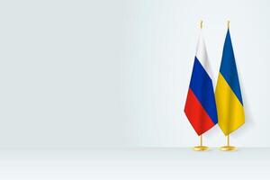 Flags of Russia and Ukraine on flag stand, meeting between two countries. vector