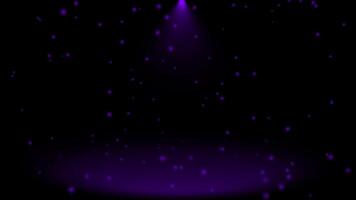 Abstract shinny light rays and particles falling on floor, purple optical flares dark background video