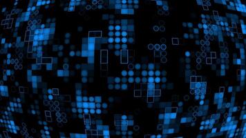 Appearing and disappearing 2d blue circles and squares digital curve background, dark futuristic background video