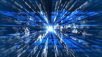 blue floating particles in digital technologic 3d cyberspace with light rays video