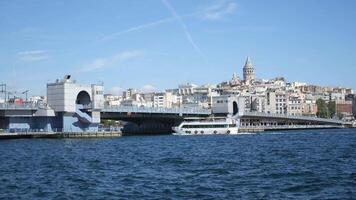 turkey istanbul 19 june 2023. ferryboats parked in the terminal in the Bosphorus river nearby the Eminonu Mosque video