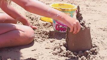 un' ragazzo ragazza su il spiaggia a mare fabbricazione un' sabbia castello, vicino su. famiglia vacanza e vacanze concetto.alto qualità FullHD metraggio video