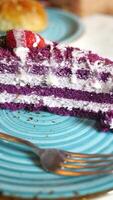 A piece of purple velvet cake with cream video