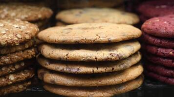 Many different cookies on trays display bakery cafe video