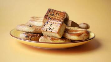 pilha do doce biscoitos em uma prato em amarelo fundo video