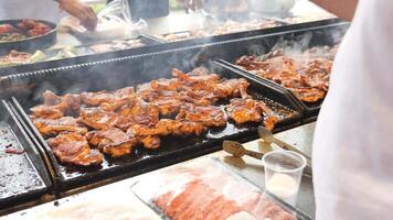 Beef and chicken steaks on the grill with flames. video