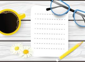 Hand drawn flat lay mockup of blank sheet of paper, eyeglasses, and a cup of coffee on white wooden table vector