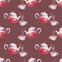 Vector seamless pattern of a cup and a glass teapot with fruit tea