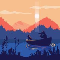 vector ilustración de un fotógrafo y su perro en puesta de sol lago