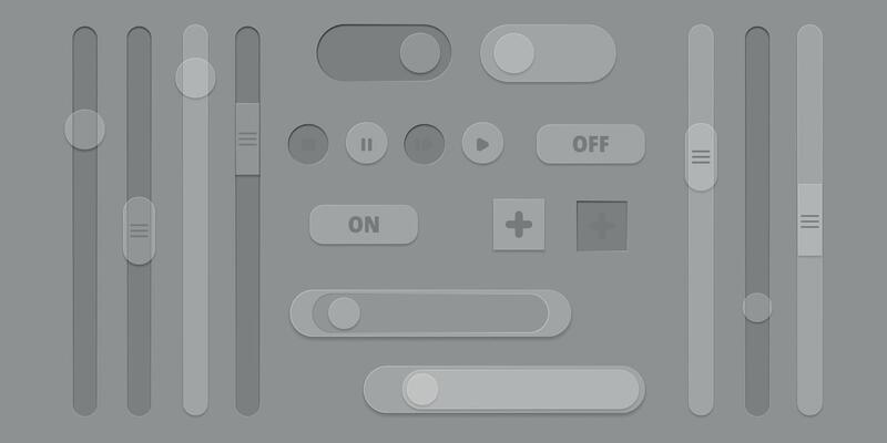 3d slider bar, vector illustration. Scrollbar volume, brightness. Panel switch control. Concept toggle scroll. User interface, play two button. Vertical drag shape, level, scale. Loading bar
