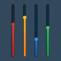 3d colorful scroll bar. Down button. Panel switch control. Website element. Web ui. 4 Red, yellow, green, blue vertical drag shape, level, scale. Software tools. Loading bar. Vector design.