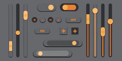 3d slider bar in gray and orange. Scroll down button. Panel switch control. Website element. Web ui. Horizontal and vertical drag shape, level, scale. Software tools. Loading bar. Vector design.