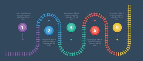 Railroad tracks infographic. Business template with numbers 5 options or steps. Railway simple icon, rail track direction, train tracks colorful vector illustration on a black background.