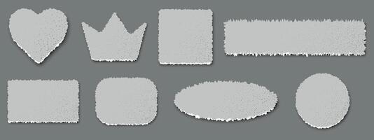 Set of silhouettes of a torn piece of gray paper. Rectangle, heart, crown, circle blank space for text. Lacerated sheet element, isolated shred fragment. Scrapbook blank header. vector
