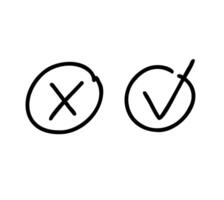 Hand drawn check and cross marks in round boxes. Vector black line icons isolated on white background.