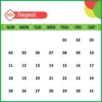 August Month Calendar for 2024, Thursday Start - White Background vector