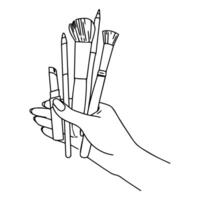 A set of makeup brushes in the hand of a makeup artist, Brush for eye shadow, eyebrows, blush, Vector illustration in line art style.