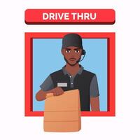 Fast Food Restaurant worker Serving Order at a Drive Thru window, African-American Man Serving Take Away Meal. Vector Illustration