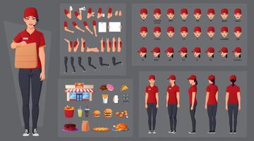 comida rápida trabajador personaje creación colocar, mujer vistiendo rojo uniforme con varios comida elementos. mano gestos, boca animación y labio sincronizar vector ilustración