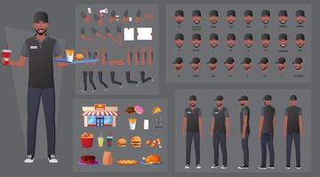 Restaurant Worker Character Creation and Animation Pack, Black Man Wearing Work Uniform with Various Foods, Hand Gestures, Mouth Animation and Lip Sync. Vector Illustrations