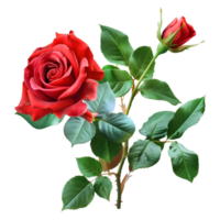 ai generiert 3d Rendern von ein rot Rose mit Blätter auf transparent Hintergrund - - ai generiert png