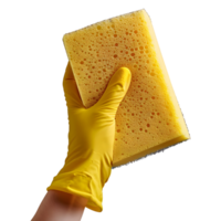 ai generado 3d representación de un Lavado esponja en mano con guantes en transparente antecedentes - ai generado png