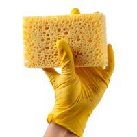 ai gegenereerd 3d renderen van een het wassen spons in hand- met handschoenen Aan transparant achtergrond - ai gegenereerd png