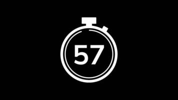 60 seconds countdown timer animation from 60 to 0 seconds. Modern white stopwatch cowndown timer on black background video