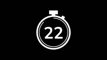 25 seconds countdown timer animation from 25 to 0 seconds. Modern white stopwatch cowndown timer on black background video