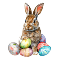 ai généré autocollant de une mignonne lapin avec coloré Pâques des œufs sur une transparent Contexte - ai généré png