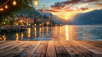 AI generated Wooden Table Overlooking Lake photo