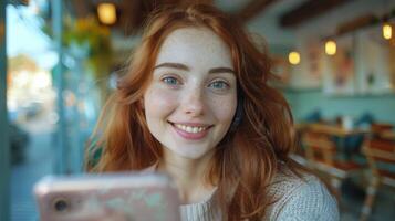 AI generated Woman With Red Hair Looking at Cell Phone photo