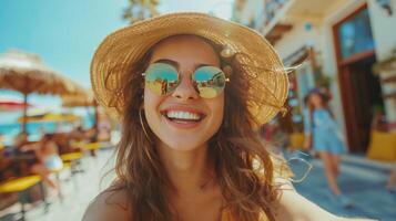 ai generado mujer en amarillo sombrero y bufanda foto