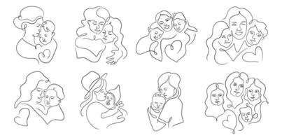 Set of mother hugging children, with daughter and son, in a line art style vector