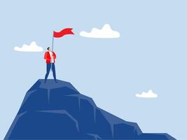 Goal achievement concept ,Businessman is standing on the top of mountain peak and holding flag as a conqueror success career development or motivation Execution success vector