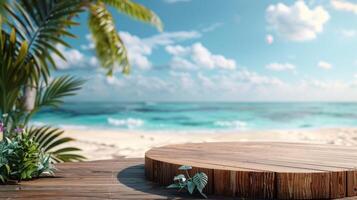 AI generated Wooden Table Overlooking Ocean photo